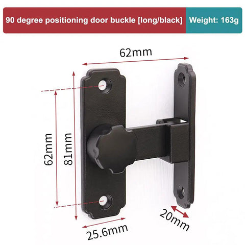 Stainless Steel 90 Degree Portable Door Latch Heavy Duty Barn Gate Lock in black, size 62mm x 81mm, with positioning buckle.