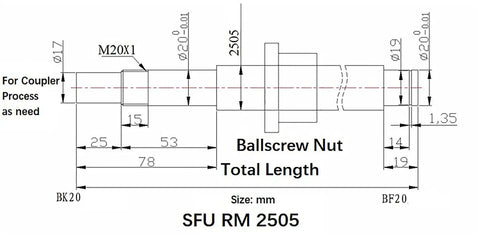 Technical drawing of SFU RM 2505 ballscrew nut dimensions for Precision CNC Ballscrew And Linear Guideway Kit Featuring HGH25 Rails SFU2505 Screw.