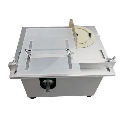 Super Compact Mini Table Saw For Woodworking With Integrated Drill Press And Lathe Base Tough As Nails 12 To 24 Volt Power Tool top view showing adjustable platform.