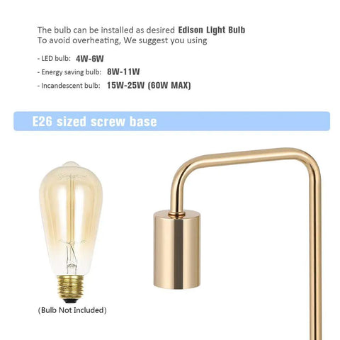 E26 screw base of Industrial Edison Table Lamp Set of 2 in Gold Metal Finish, bulb not included, compatible with various bulb types.