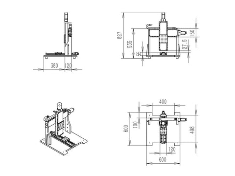 Motorized Three Axis Mobile Gantry Stage With 300mm Travel And 150X150mm Platform technical drawing dimensions and view details.