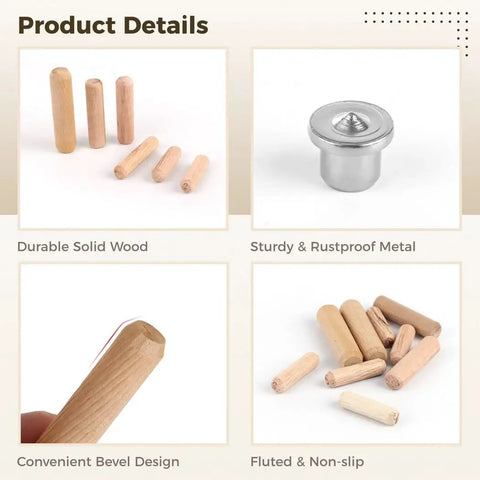 Pro Grade Bulk Wood Dowel Set with 400 Assorted Dowels and Centers for woodworking, showcasing wood dowels and metal center details.