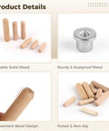 Complete 404 Piece Wood Dowel Set with fluted dowels and metal dowel center showcased with bevel design and fluted texture.