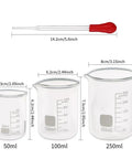 Glass Graduated Cylinder And Beaker Set For Lab Work, Borosilicate 3.3 Thick Glass, Acid And Alkali Resistant, showing beakers and dropper