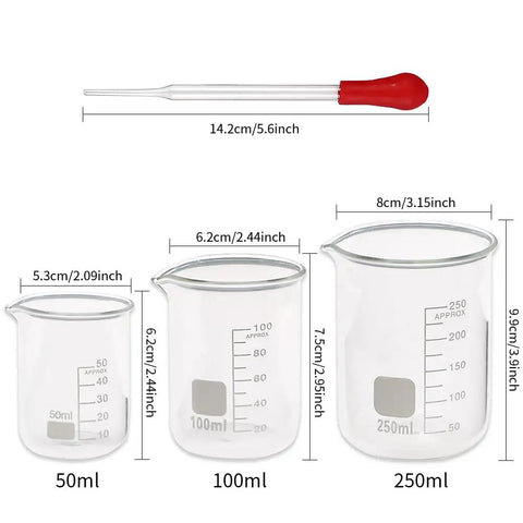 Glass Graduated Cylinder And Beaker Set For Lab Work, Borosilicate 3.3 Thick Glass, Acid And Alkali Resistant, showing beakers and dropper
