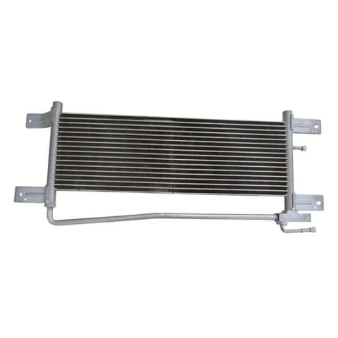 Heavy Duty Transmission Oil Cooler For Infiniti QX80 5.6 Liter V8 Model Years 2014 to 2015 With Premium Heat Dissipation And Reliable Cooling Performance To Keep Your Ride Running Smooth Down The Road. Silver metal finned cooler with mounting brackets and lines