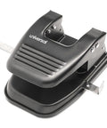 Black two-hole paper punch for 30 sheets, 9/32 inch holes, ideal for binders. Compact, durable office tool for home, school, or workplace.