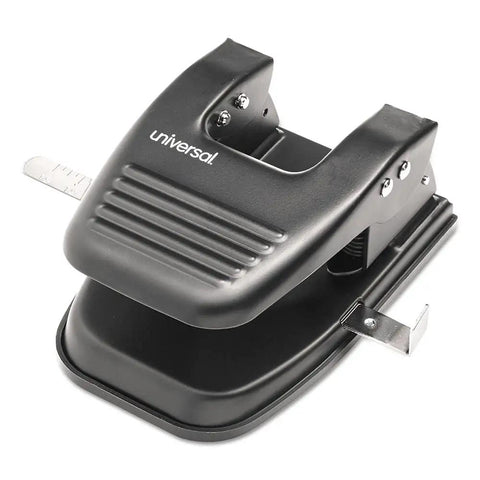 Black two-hole paper punch for 30 sheets, 9/32 inch holes, ideal for binders. Compact, durable office tool for home, school, or workplace.