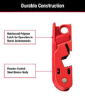 Side view of Red Circuit Breaker Lockout, featuring a reinforced polymer latch and powder-coated steel body for standard single and double toggles.