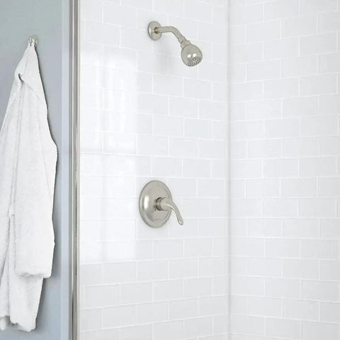 Builders 1-Handle 1-Spray Pressure Balance Shower Faucet In Brushed Nickel with white tiled shower wall