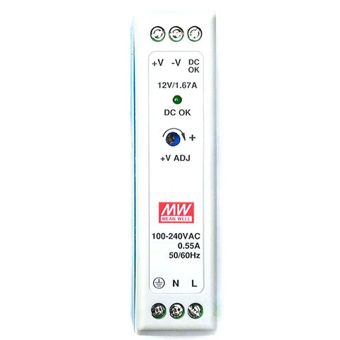 Heavy Duty 12 Volt Din Rail Power Supply 20 Watt Single Output Snap On Mount For Industrial Automation And Control Panels UL Certified, compact design.