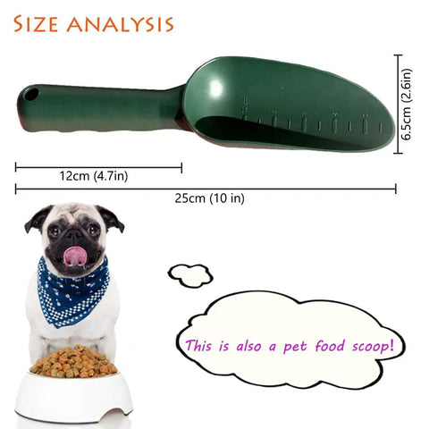 Green plastic garden shovel 25x6.5 cm with pet food scoop feature and size analysis. Three Pack Plastic Garden Shovels Set Hand Trowels For Planting Digging Transplanting And Grab And Go All Purpose Use In Soil Beach Sand And Pet Food Scoops Lightweight Durable Garden Tools.