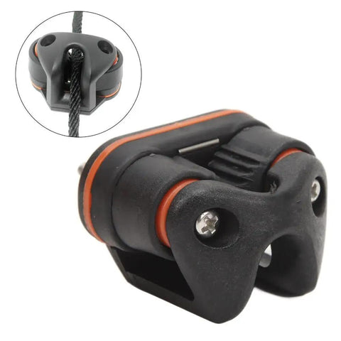 Beefy Quick Release Rope Cleat For Boats With Marine Grade Cam Cleat And Ball Bearing Action in black with orange accents