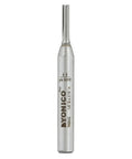 No-Nonsense Straight Router Bit With 1/8 Inch Cutting Diameter And 1/4 Inch Shank in silver, used for precise woodworking cuts.
