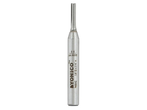 No-Nonsense Straight Router Bit With 1/8 Inch Cutting Diameter And 1/4 Inch Shank in silver, used for precise woodworking cuts.
