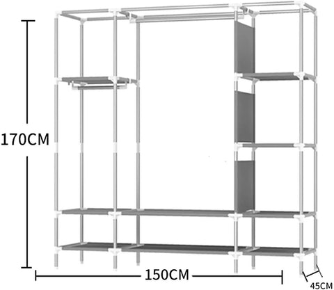 Kickass Portable Folding Wardrobe Closet Nonwoven Fabric Dust Proof Storage Cabinet with multiple shelves, dimensions 150x45x170cm.