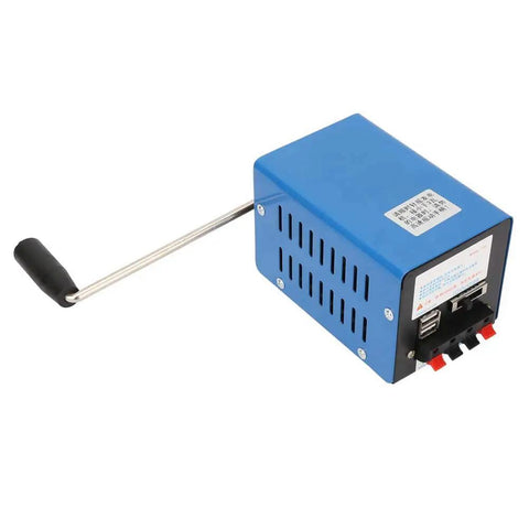 Blue Crank Powered Portable USB Emergency Generator For Outdoor Camping And Disaster Prep with hand crank and USB ports.