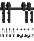 7Ft Bypass Sliding Barn Door Hardware Kit For Low Ceiling Spaces With Overlapping Tracks For Double Doors Heavy Duty Up To 200 Lbs Smooth Quiet Rollers No Drama Glide Carbon Steel Rail, showing kit components including rollers and mounting hardware on white background