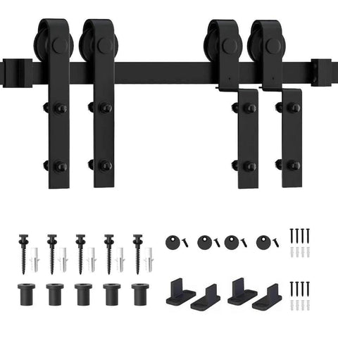 7Ft Bypass Sliding Barn Door Hardware Kit For Low Ceiling Spaces With Overlapping Tracks For Double Doors Heavy Duty Up To 200 Lbs Smooth Quiet Rollers No Drama Glide Carbon Steel Rail, showing kit components including rollers and mounting hardware on white background