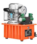 VEVOR 10000 PSI hydraulic electric pump with orange base, silver motor, gauge, and green valve block