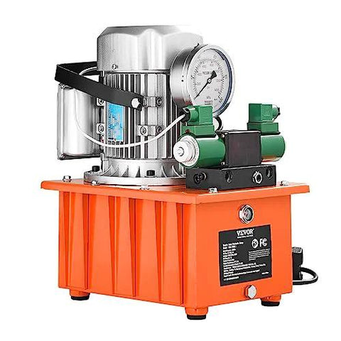 VEVOR 10000 PSI hydraulic electric pump with orange base, silver motor, gauge, and green valve block