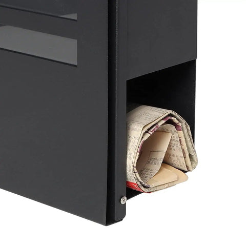 Bottom view of large capacity outdoor wall mount mailbox with newspaper compartment, showing black metal construction