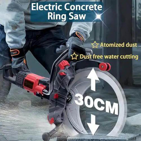 Heavy Duty Brushless Electric Concrete Circular Saw With Water Pump, 3000 Rpm High Speed Wet Cut Ring Tool For Blasting Through Tile Wood And Tough Brick Surfaces cutting through concrete with 30cm diameter blade.