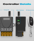 Wireless 12V Remote Switch With 30A Relay, 433MHz RF Control For 12V-72V DC Motors showing controller and remote details.