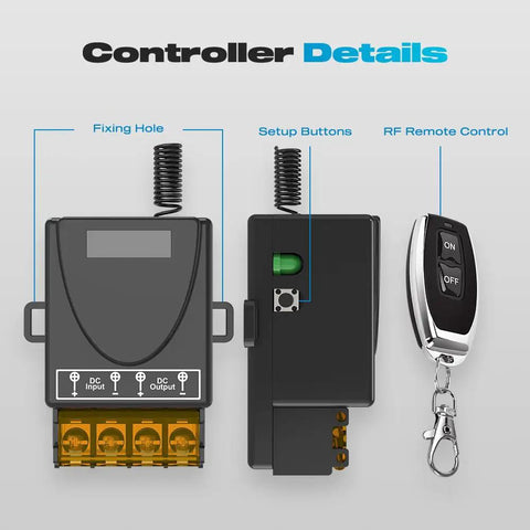 Wireless 12V Remote Switch With 30A Relay, 433MHz RF Control For 12V-72V DC Motors showing controller and remote details.