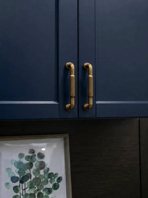 Antique Brass Fluted Cabinet Pulls, 3 Inch Hole Centers on navy cabinets