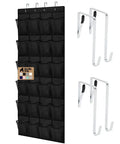 Heavy Duty Over The Door Shoe Organizer With 24 Roomy Pockets, sleek black hanging design with reinforced mesh pockets and hooks.