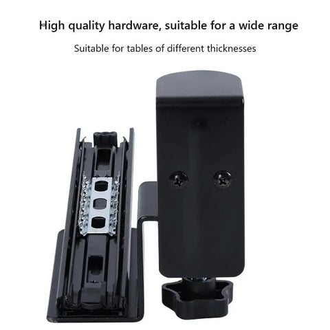 Hella Sturdy Under Desk Keyboard And Mouse Tray Pull Out Sliding Platform With Secure C Clamp Mount System Instant Install Height Adjustable For Ergonomic Workstation black C clamp mount and sliding rail for various table thicknesses.