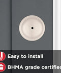 Juno Interior Privacy Door Knob With Lock For Bedroom And Bathroom Satin Nickel Finish No Fuss Keyless Turn Lock Microban Protection Easy DIY Install In Minutes, shown with keyhole detail and BHMA certification icons.