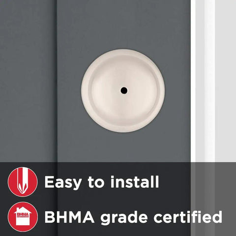 Juno Interior Privacy Door Knob With Lock For Bedroom And Bathroom Satin Nickel Finish No Fuss Keyless Turn Lock Microban Protection Easy DIY Install In Minutes, shown with keyhole detail and BHMA certification icons.
