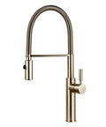 Brushed el Kitchen Faucet with Pull Down Dual SprayerBrass Mixer TapBlack Hose MountModern Design for Easy Water ControlCh h, detailed view of faucet spout and lever.