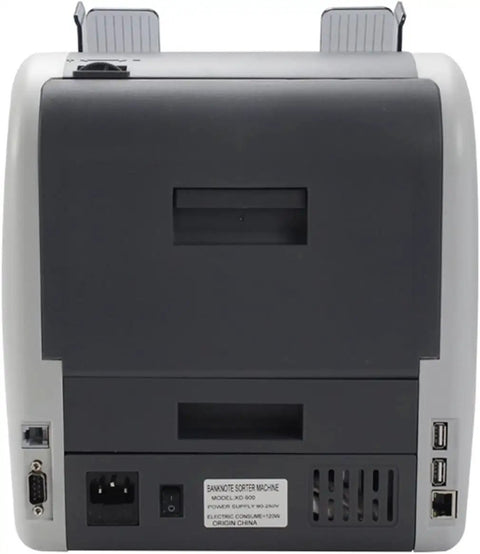 Back view of the Grind Ready Cash Processor With Auto Bill Sorting UV MG IR Detect Sneaky Fakes with ports and model information.