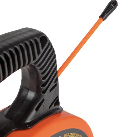 Non Conductive Fiberglass Fish Tape With Multi Groove Design For Smoother Wire Pulling No Fuss 50 Foot Length Three Sixteenth Inch Width Optimized Housing And Handle For Less Friction And Payout shown with ergonomic handle