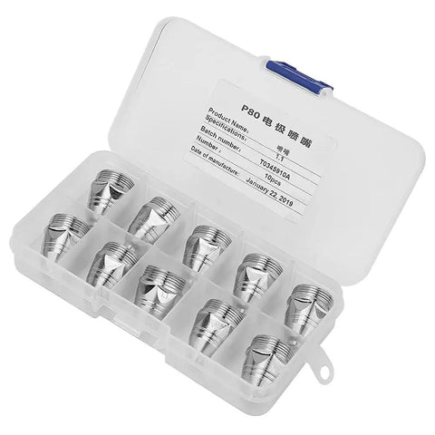 Top Tier P80 Plasma Cutting Consumables Set Featuring 1.1mm Nozzle And Electrode Kit For Air Plasma Cutters in clear case.