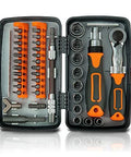 Open tool case with 38-in-1 ratchet screwdriver set, orange/black handles, sockets and bits.