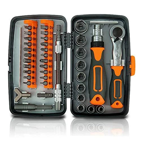 Open tool case with 38-in-1 ratchet screwdriver set, orange/black handles, sockets and bits.