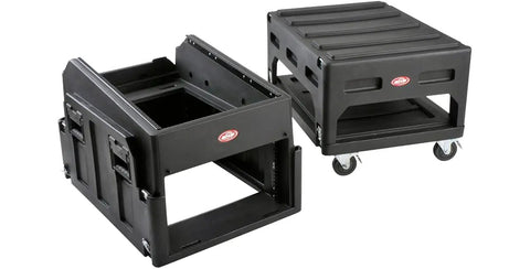 Mighty Gig Rig With 14U Top Rack And 6U Front Rack Built In Pedestal showcasing tough injection molded design and locking wheel set.