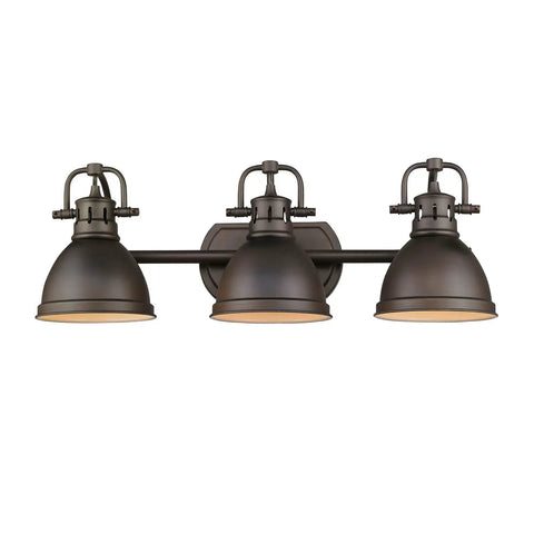 Three Light Bath Vanity In Rubbed Bronze With Matching Shades, Damp Location Rated, Duncan Collection Fixture
