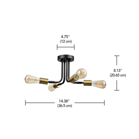 4 Light Adjustable Socket Semi Flush Mount Ceiling Light In Matte Black With Matte Brass Accents Exposed E26 Base Pivot Joints Industrial Sputnik Style Fixture For Modern Living Rooms And Hallways; 14.38 in wide