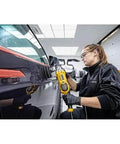 Person using Beast Mode Heavy Duty Corded Car Buffer Polisher on vehicle side panel for detailing and high gloss finish.