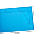 Top Notch Silicone Repair Mat With Heat Resistant Non Slip Surface And Precision Pin Layout For Soldering Stations Laminating Machines And No Sweat Tech Fixes. Blue silicone mat measuring 320mm x 230mm.
