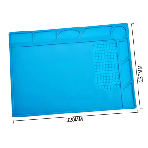 Top Notch Silicone Repair Mat With Heat Resistant Non Slip Surface And Precision Pin Layout For Soldering Stations Laminating Machines And No Sweat Tech Fixes. Blue silicone mat measuring 320mm x 230mm.