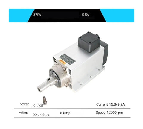 Heavy Duty Air Cooled Spindle Motor For CNC Routers 380V Four Bearing Frame showing 3.7KW power and 12000rpm speed.
