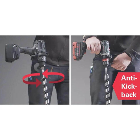 Image of Professional Heavy Hitter 18V Brushless Cordless Hammer Drill Driver Set Includes Two 52Ah Lithium Ion Batteries Quick Charger in use.