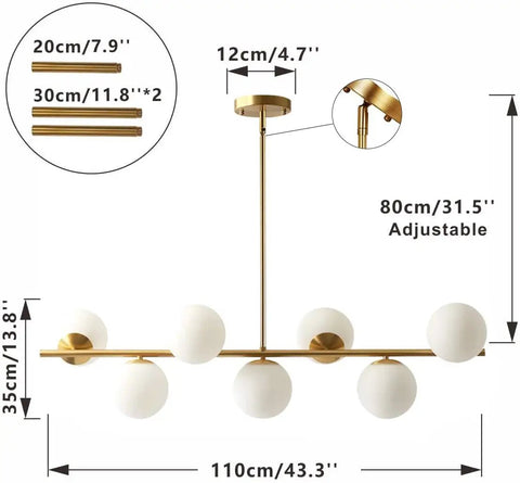 Groovy Mid Century Modern Pendant Light Set Featuring Sleek Glass Globes and Gold Finish, seven bulb adjustable height.