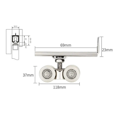 Heavy Duty Zinc Alloy Sliding Door Rollers 4 Pack Adjustable Height Double Wheel track pulley front view with dimensions.